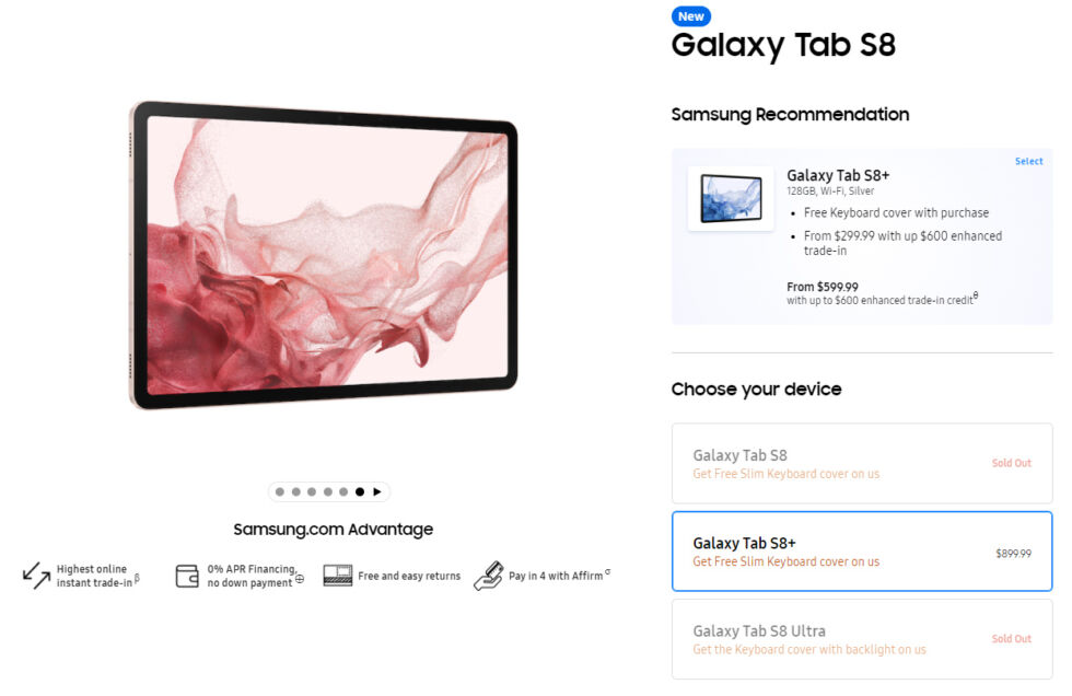 Samsung-Website.  Wie Sie unten rechts sehen können, ist alles außer dem Tab S8+ ausverkauft.