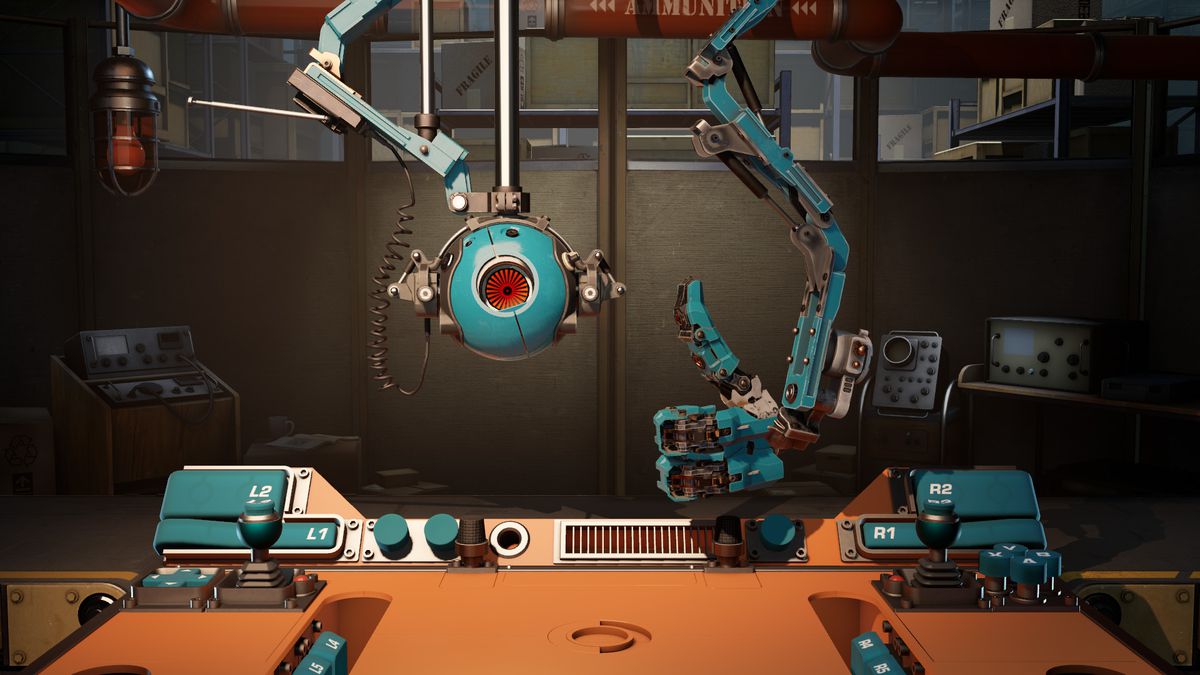 Ein türkisfarbener Roboter zeigt bei Aperture Desk Job mit erhobenem Daumen