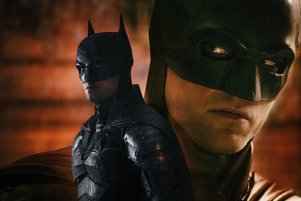 Zusammensetzung eines Bildes aus zwei Bildern von Robert Pattinson als Batman aus dem Film 