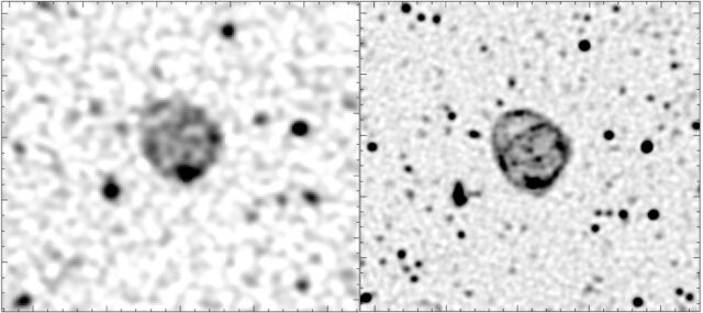 (Links) Die ursprüngliche Entdeckung von ORC1 in den ASKAP-Radioteleskopdaten in der Evolutionary Map of the Universe (EMU).  (Rechts) Nachbeobachtung von ORC1 mit einem MeerKAT-Radioteleskop.