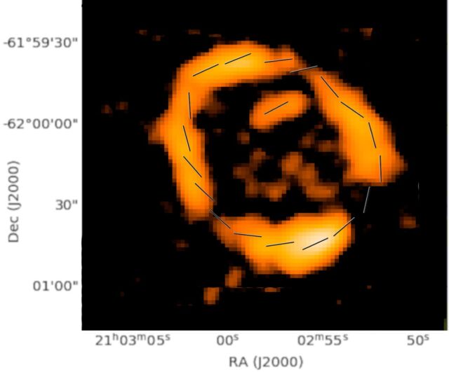 Die Linien um den Rand des ORC zeigen die Richtung des Magnetfelds.  Ein kreisförmiges Magnetfeld wie dieses weist darauf hin, dass es durch eine Schockwelle aus der Zentralgalaxie komprimiert wurde.