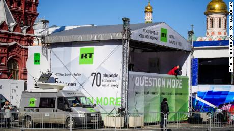 RT-Rundfunkzelt auf dem Roten Platz in Moskau am 18. März 2018.
