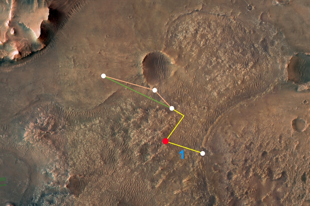 Dieses kommentierte Overhead-Bild des Mars Exploration Orbiter (MRO) der NASA zeigt die mehreren Flüge – und zwei verschiedene Routen – der innovative Mars-Helikopter der Agentur könnte seinen Weg zum Jezero Crater Delta finden.