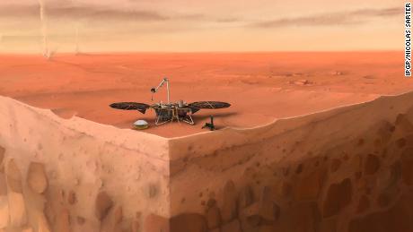 Die Abbildung zeigt den InSight-Lander der NASA, der auf der Marsoberfläche sitzt, mit Schichten unter der Oberfläche des Planeten darunter.