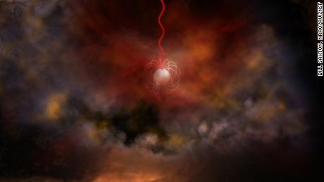Dies ist das Konzept eines Künstlers eines Neutronensterns mit einem ultrastarken Magnetfeld, Magnetar genannt, der Radiowellen (in Rot) aussendet. 