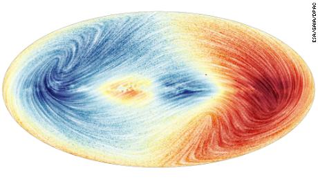 Daten von Gaia zeigen die Geschwindigkeit, mit der sich mehr als 30 Millionen Milchstraßensterne auf die Erde zu oder von ihr weg bewegen.  Blau zeigt die Teile des Himmels, in denen die durchschnittliche Bewegung der Sterne auf uns zukommt, während Rot die Bereiche zeigt, in denen die durchschnittliche Bewegung am weitesten von uns entfernt ist. 