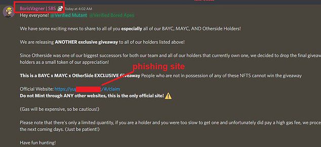 Abgebildet ist ein Phishing-Betrug, der an Mitglieder des Bored Ape Yacht Club und anderer Metaverse-Discord-Gruppen gesendet wurde