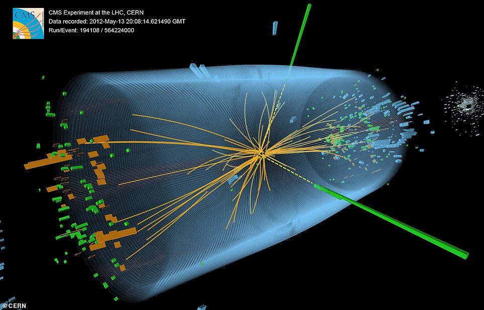 Die Entdeckung des Higgs-Bosons im Juli 2012 bildet die Grundlage für die Existenz aller Elementarteilchen in unserem Universum.  Das obige Bild ist eine Visualisierung eines Ereignisses, das im CMS-Detektor am Large Hadron Collider des CERN aufgezeichnet wurde.  Zeigt die Eigenschaften, die vom Zerfall des SM-Higgs-Bosons in ein Photonenpaar erwartet werden